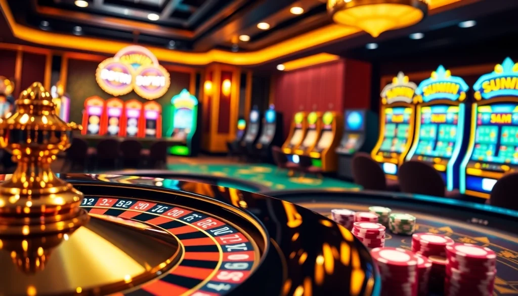 Players enjoy a thrilling game of SUNWIN at an elegant casino table filled with poker chips.