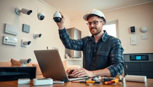 Soporte técnico en cámaras de seguridad con un técnico instalando hábilmente cámaras de seguridad avanzadas en un hogar moderno.