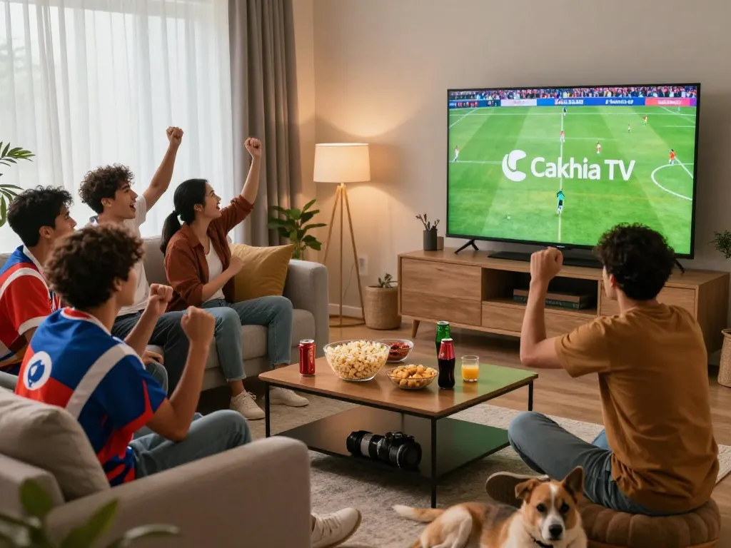 Friends enjoying live soccer on Cakhia TV in a cozy living room, cheering with snacks.