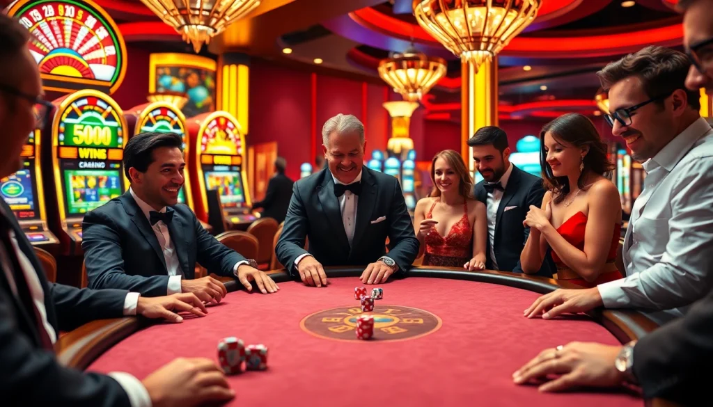 Gambling excitement at a poker table showcasing no hu elements with colorful chips and dynamic slot machines.