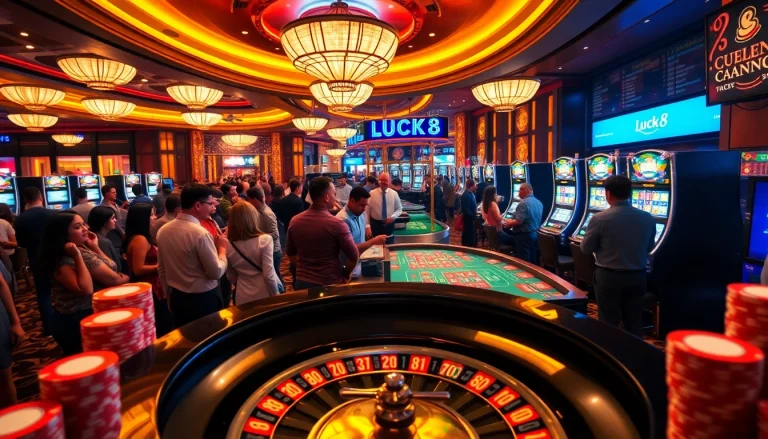 Exciting gambling atmosphere at luck8 with players at a roulette table and glowing slot machines.