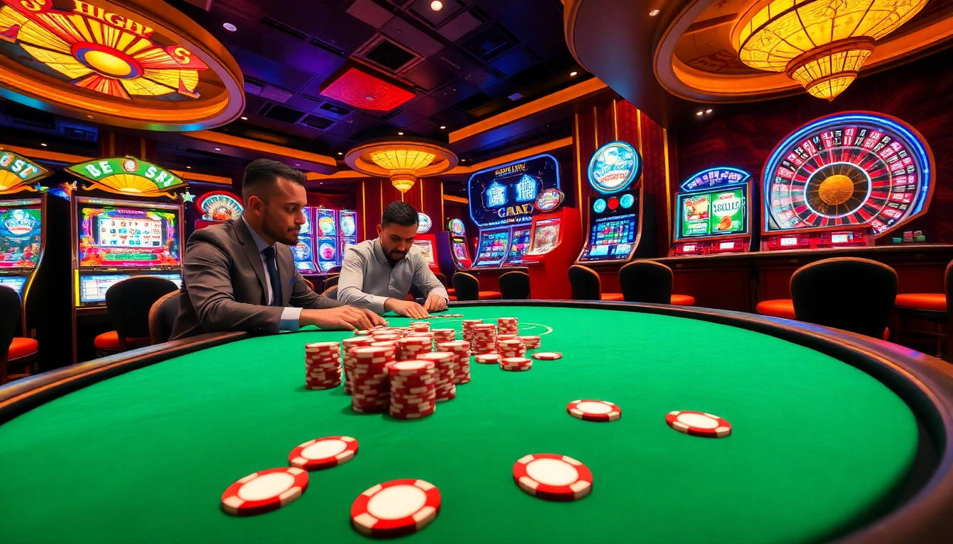 Experience excitement at King79 with gamblers at a poker table and vibrant slot machines.