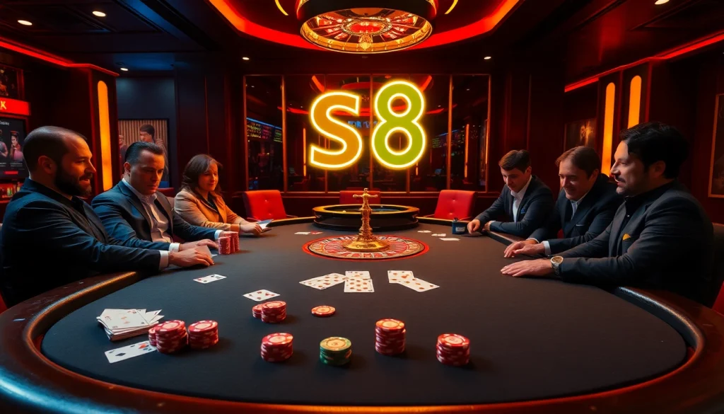 S8 casino players enjoy high-stakes poker with vibrant chips and cards at a luxurious table.