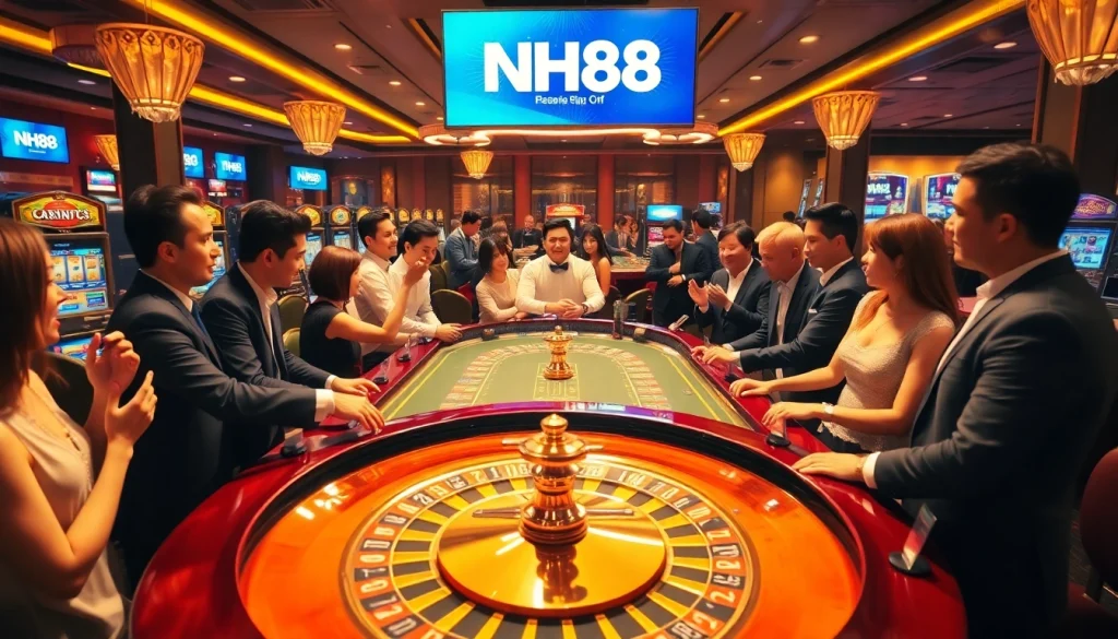 Experience the excitement of NH88 with players celebrating wins at a luxurious casino roulette table.