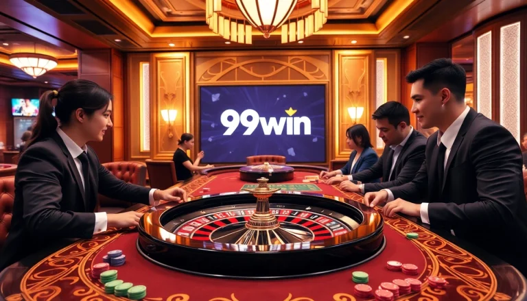 Excited players strategizing at a roulette table in a luxurious casino with 99win branding.
