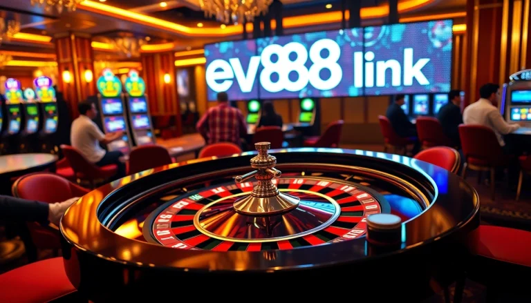 Engage with the ev88 link in a vibrant casino scene showcasing excitement and gambling elements.