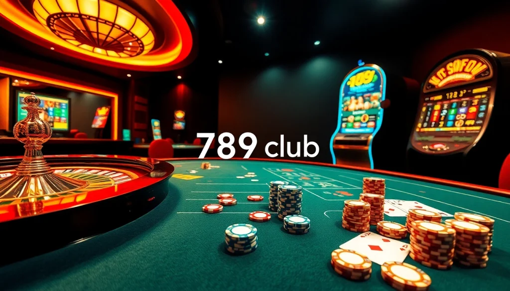 Exciting gameplay at 789club featuring vibrant casino tables and poker chips under golden lighting.
