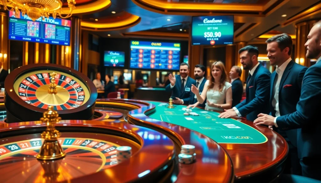 Kjc us com gamblers enjoying a luxurious casino environment with poker tables and roulette.