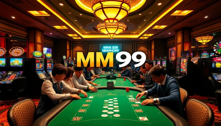 Players enjoying high-stakes games at MM99 Casino, featuring vibrant tables and immersive slot machines.