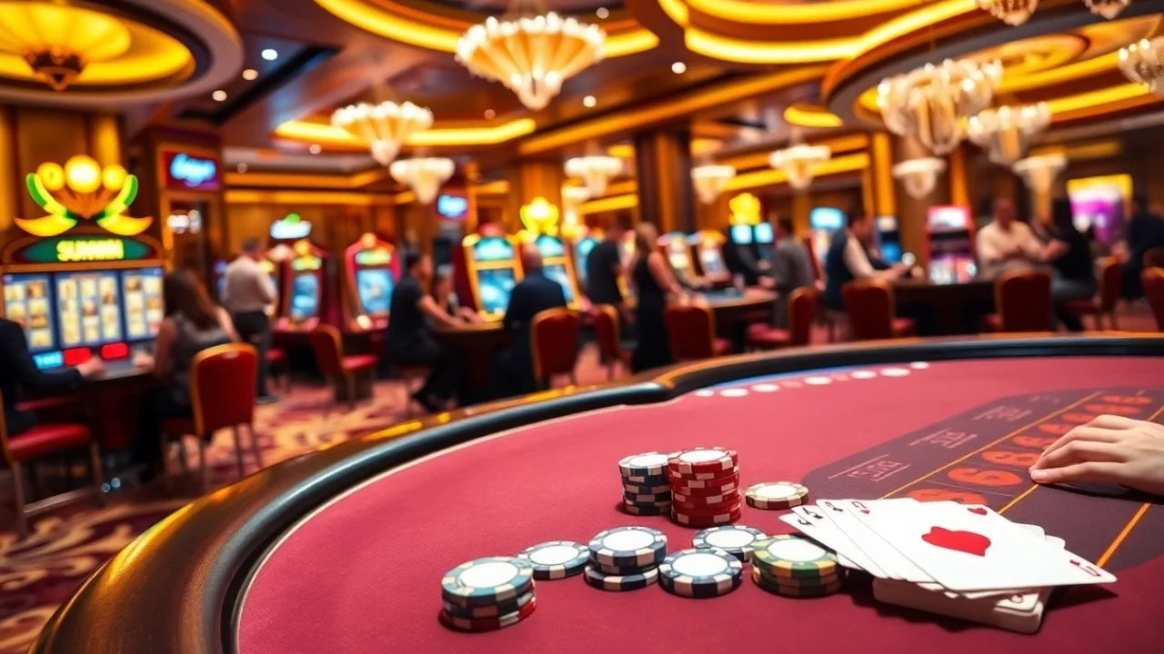 Experience the thrill of gambling at Sunwin with vibrant slot machines and poker tables.