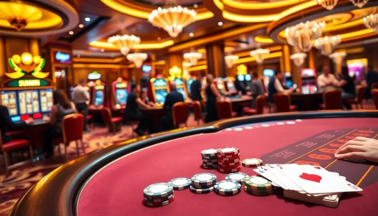 Experience the thrill of gambling at Sunwin with vibrant slot machines and poker tables.