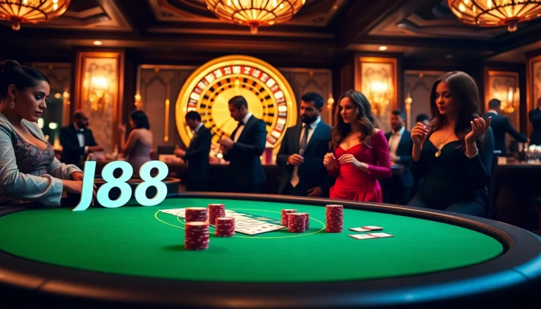 Place bets at BJ88's vibrant poker table, surrounded by excitement and luxury.