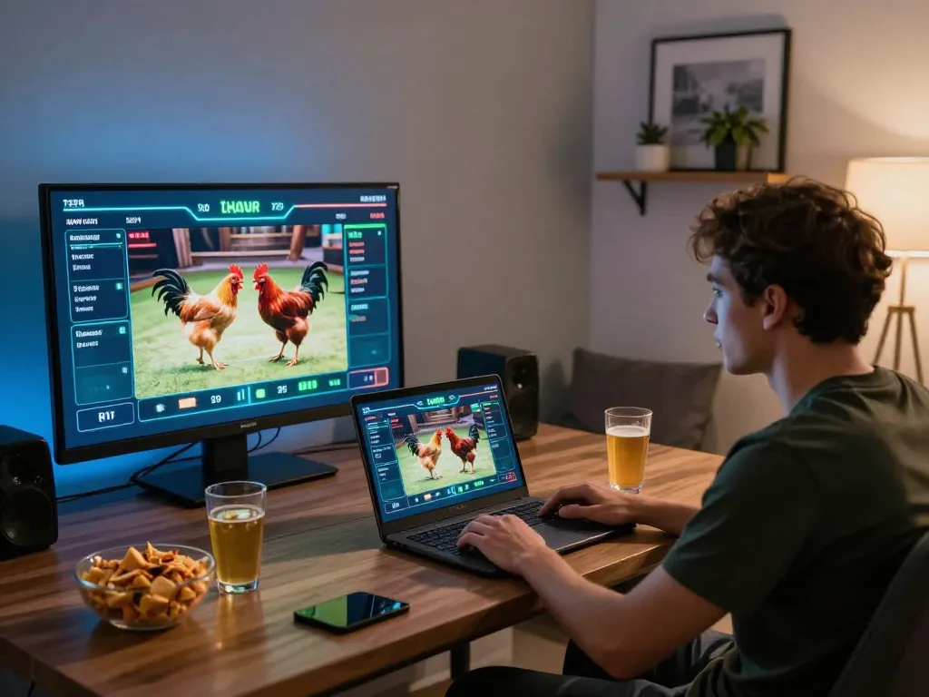 Engaging scene of a player on https://dagatructiep.co.uk/ intensely following live chicken fights on a laptop while placing bets.
