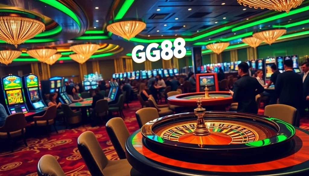 GG88 players enjoying a lively casino atmosphere with cards, chips, and roulette wheels.