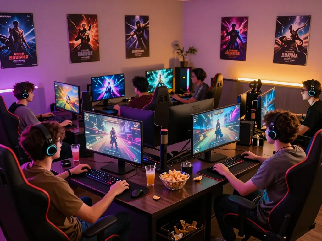 Engaging gaming lounge where friends enjoy a sex simulator game with RGB lighting and snacks.