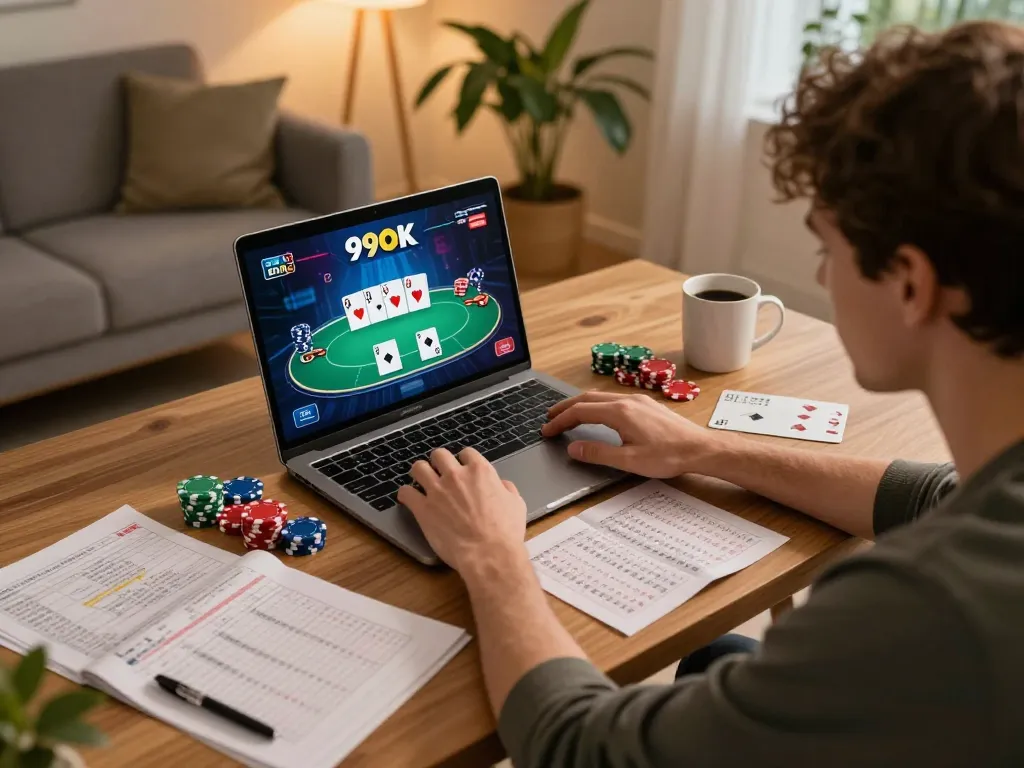 Player analyzing poker strategies at home for 99OK online gaming.