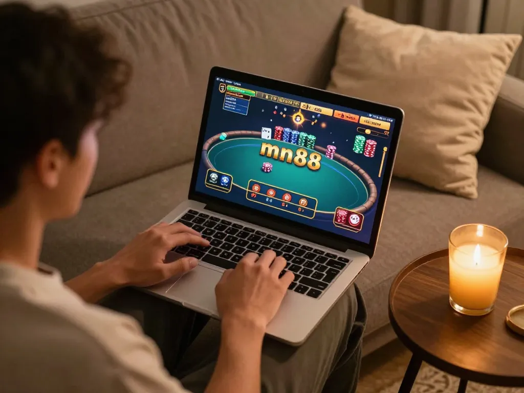 Player enjoying a mn88 online gaming session with laptop, cozy ambiance, and vibrant virtual poker chips