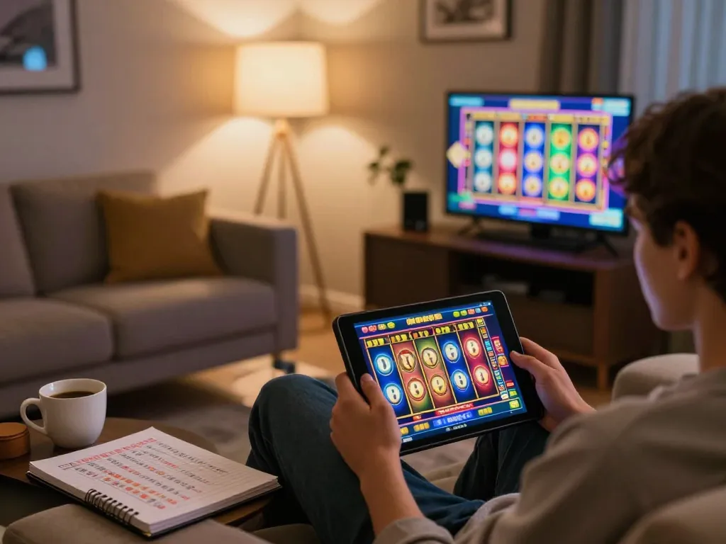 Player enjoying online slots at home with 566 casino app on tablet, showcasing vibrant graphics.