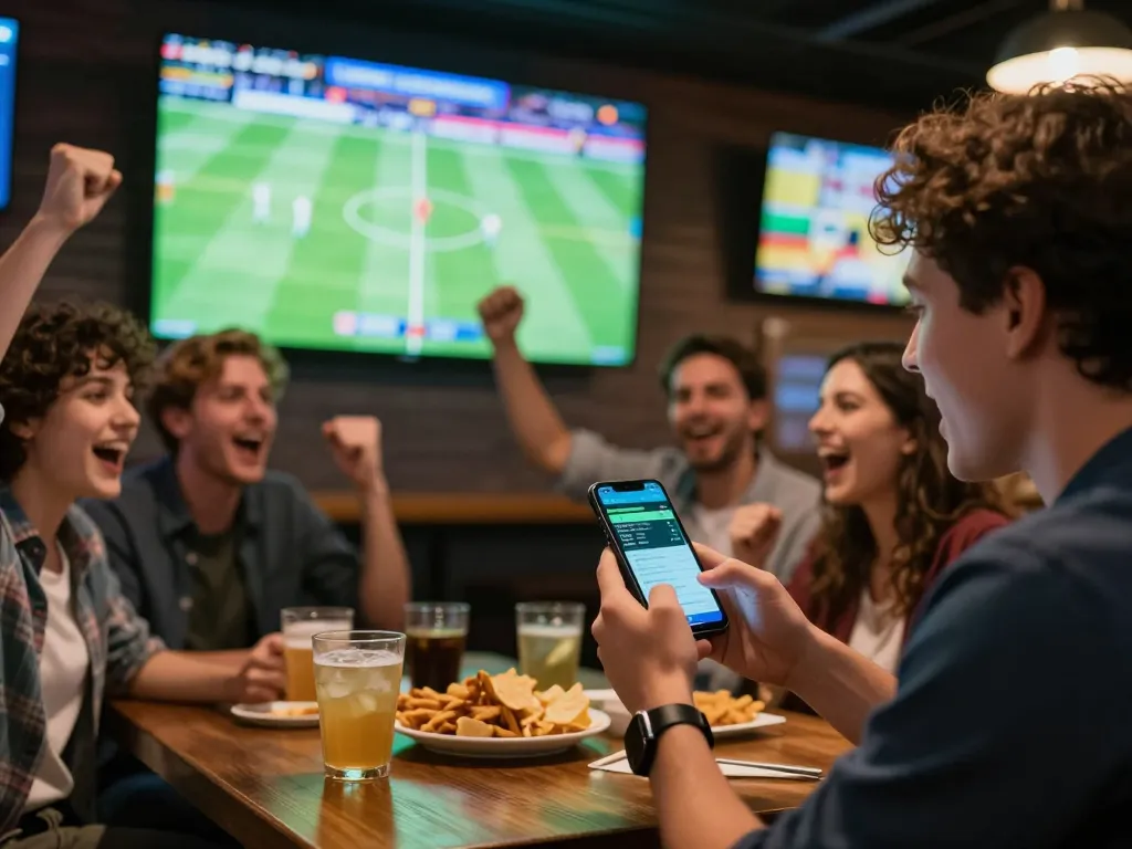 Soc88 sports betting scene with fans cheering while analyzing odds on a smartphone.