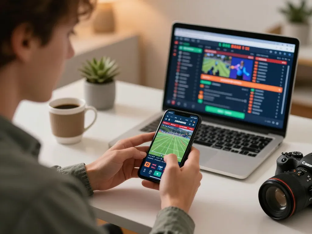 Engaged player using smartphone for BONG88 sports betting in a cozy home office.