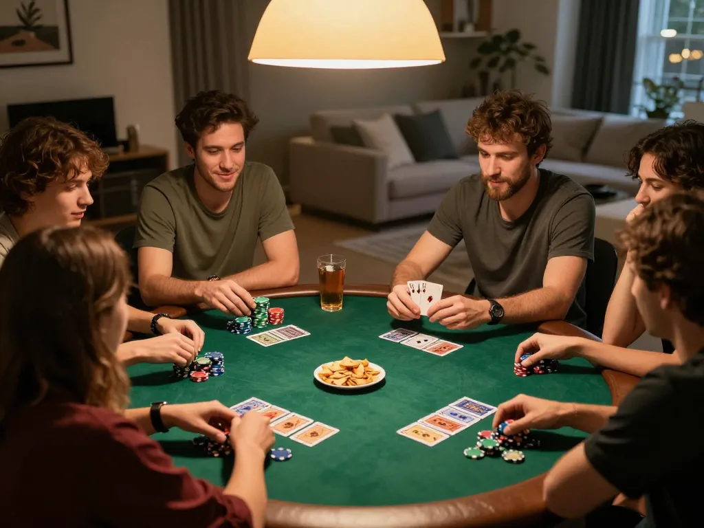 Sky88 home poker game with friends enjoying lively conversation and strategic plays