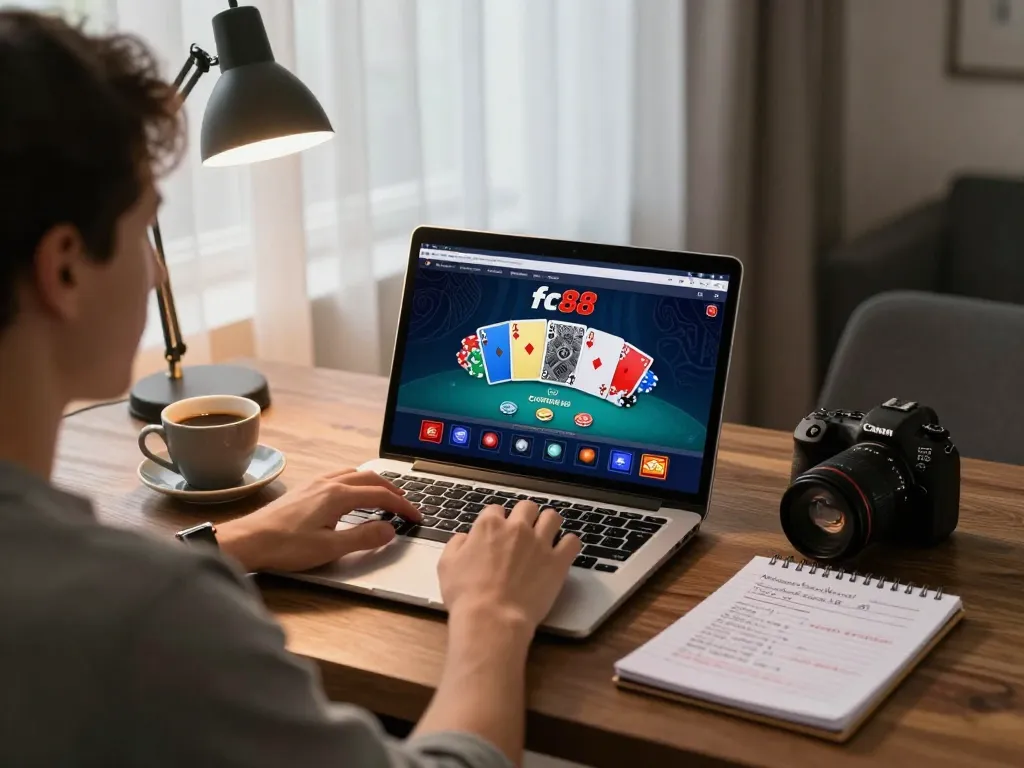 Engaging scene of online poker with fc88 interface, enhancing strategic gameplay at home