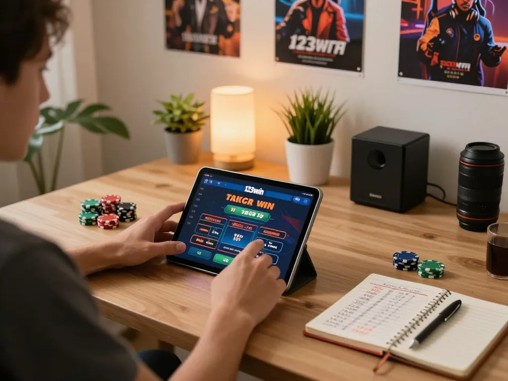 Player engaging with the 123win casino app, showcasing tablet and poker chips in a cozy gaming setup.