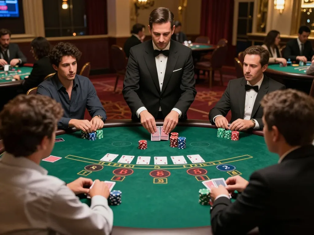 Players strategizing their moves at the nhà cái fly88 blackjack table, showcasing a vibrant casino atmosphere