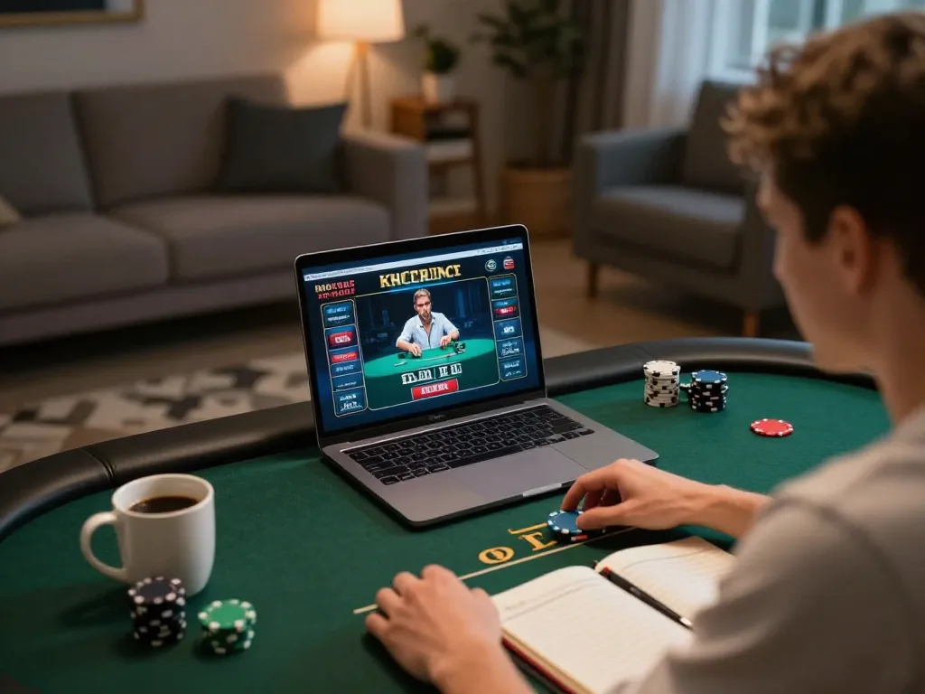 A person plays virtual poker on a laptop at home, showcasing mb668 strategies and intense focus.