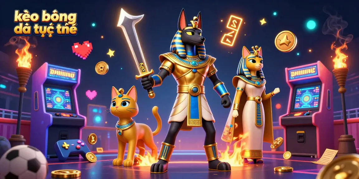 Place bets in kèo bóng đá trực tuyến while enjoying an engaging 3D illustration of Anubis and Bastet amidst vibrant betting elements.