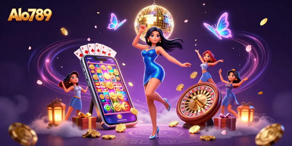 Alo789 captures the excitement of live gaming with a stunning illustration of casino elements and a glamorous dancer.