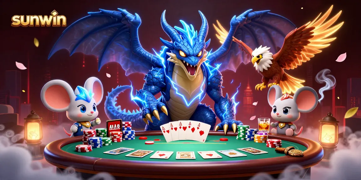 Engage in thrilling poker games with sunwin's dynamic illustration featuring exciting characters and elements.
