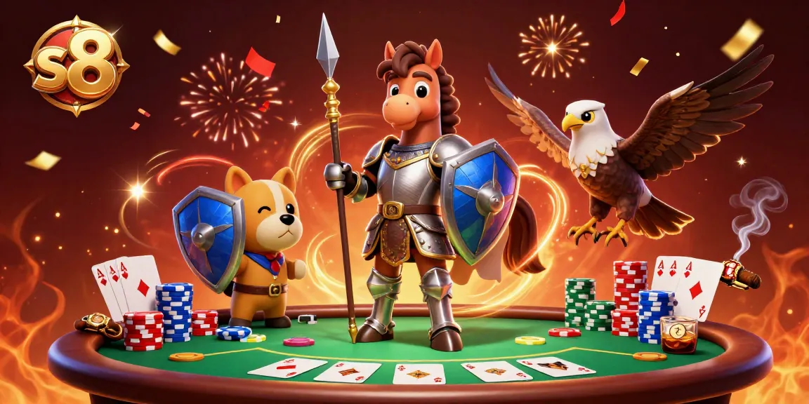 s8 delivers an exciting poker game, showcasing a knight, squire puppy, and falcon amid vibrant casino imagery.