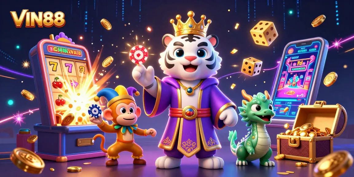 Experience thrilling moments at VIN88 with a majestic tiger and lively monkey in a vibrant casino setting.