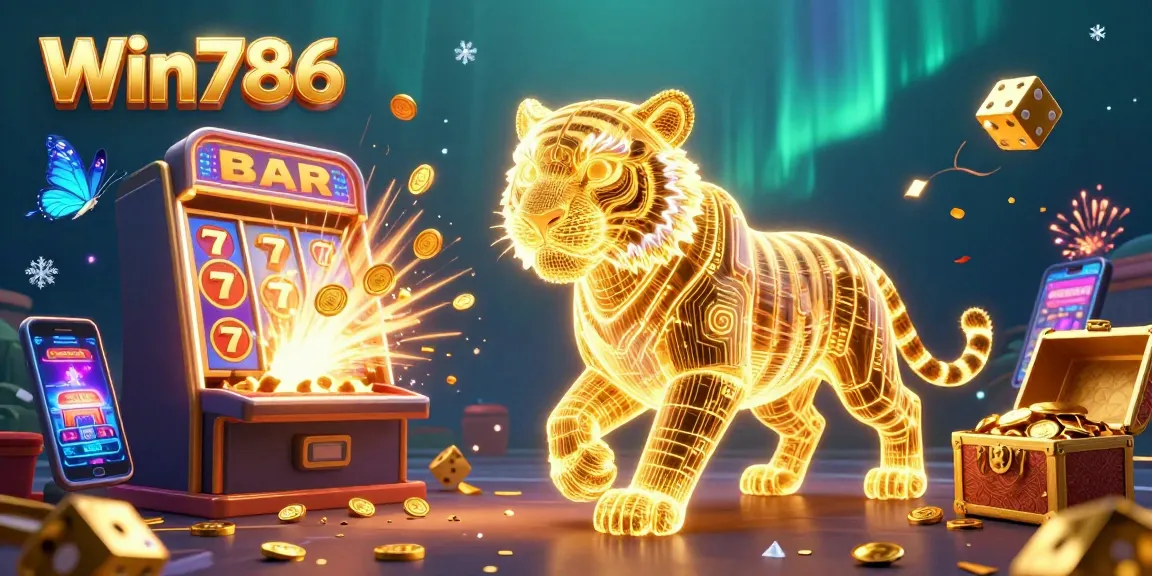 Win786 promotes excitement with a vibrant digital casino scene featuring a golden tiger and dynamic game elements.
