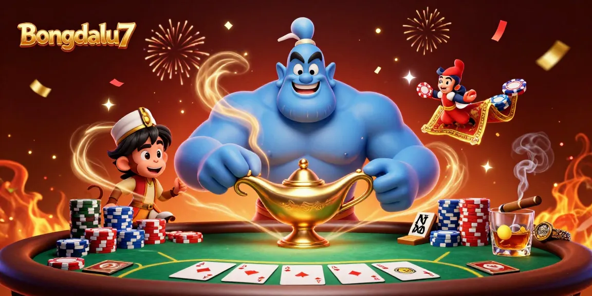Bongdalu7 showcases a magical 3D genie bursting from a lamp above a vibrant poker scene filled with colorful chips.